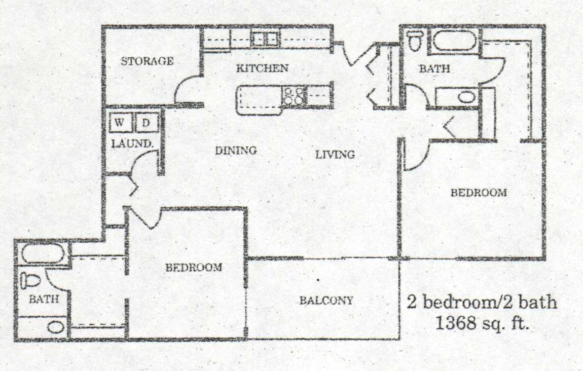 Floor plan for 2 beds, 2 baths, 1368 sqft